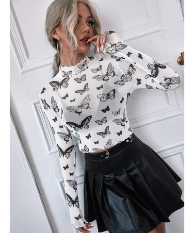 Women's Short Sleeve Print See Through Sheer Mesh Crop Top T Shirt Butterfly White $11.19 T-Shirts