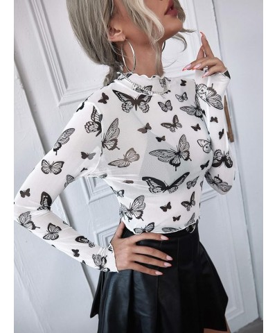 Women's Short Sleeve Print See Through Sheer Mesh Crop Top T Shirt Butterfly White $11.19 T-Shirts