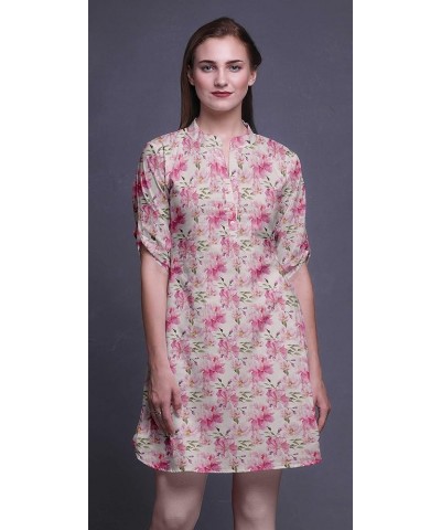 Indian Short Kurtis for Women Printed Tunic Roll Up Sleeve Shirt Pale Pink $17.15 Tops