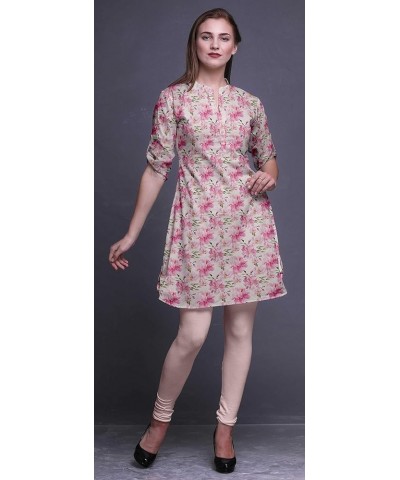 Indian Short Kurtis for Women Printed Tunic Roll Up Sleeve Shirt Pale Pink $17.15 Tops