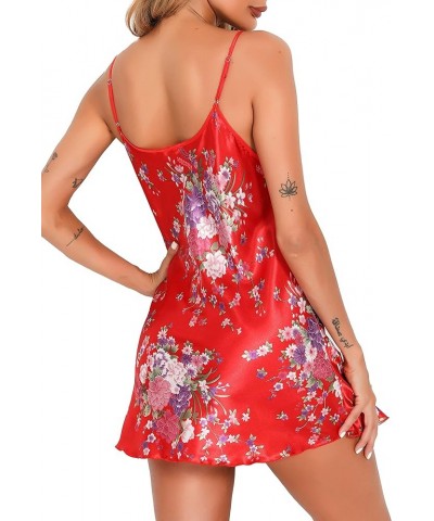 Satin Nightshirts Sexy Silk Nightdress Spaghetti Strap Short Negligee Chemise Slip with Deep V Neck Y-red $8.50 Sleep & Lounge