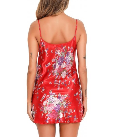 Satin Nightshirts Sexy Silk Nightdress Spaghetti Strap Short Negligee Chemise Slip with Deep V Neck Y-red $8.50 Sleep & Lounge