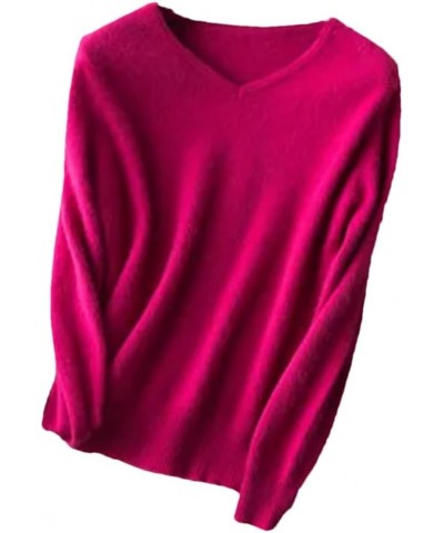 Womens Sweaters Casual Long Sleeve Cashmere V-Neck Sweaters Jumper Rose Red $33.04 Sweaters