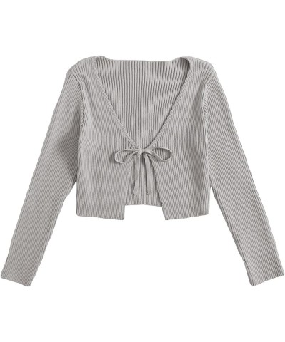 Women's Tie Front Long Sleeve Rib Knit Shrug Sweaters Cardigan Crop Top Light Grey $18.35 Sweaters