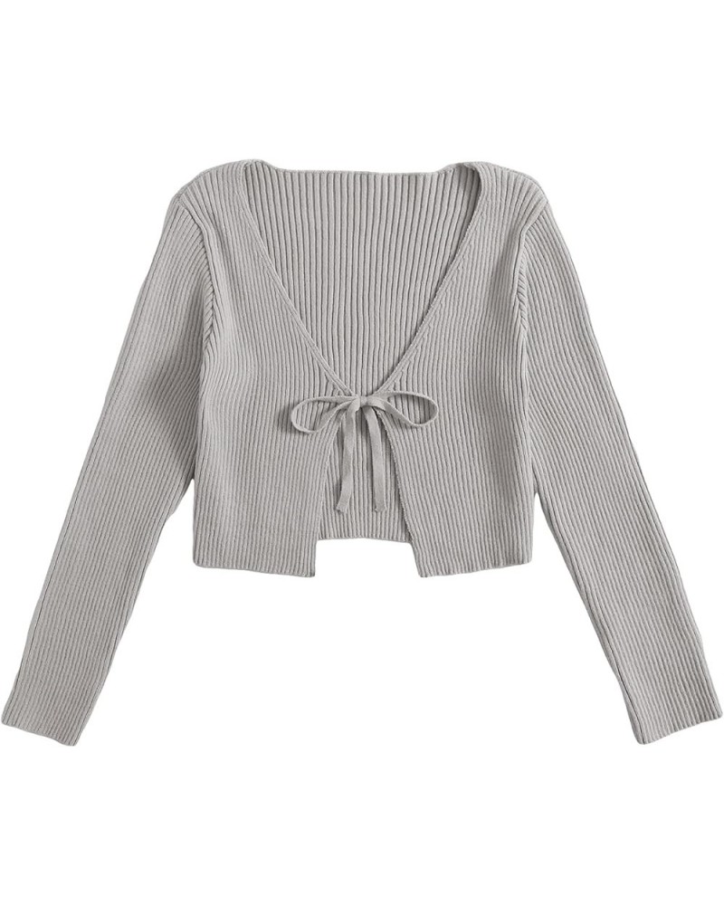 Women's Tie Front Long Sleeve Rib Knit Shrug Sweaters Cardigan Crop Top Light Grey $18.35 Sweaters