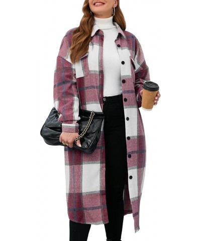 2023 Women's 0X-5X Plus Size Long Flannel Plaid Shacket Jacket Oversized Button Down Coats Shirts with Pockets Burgundy $18.8...