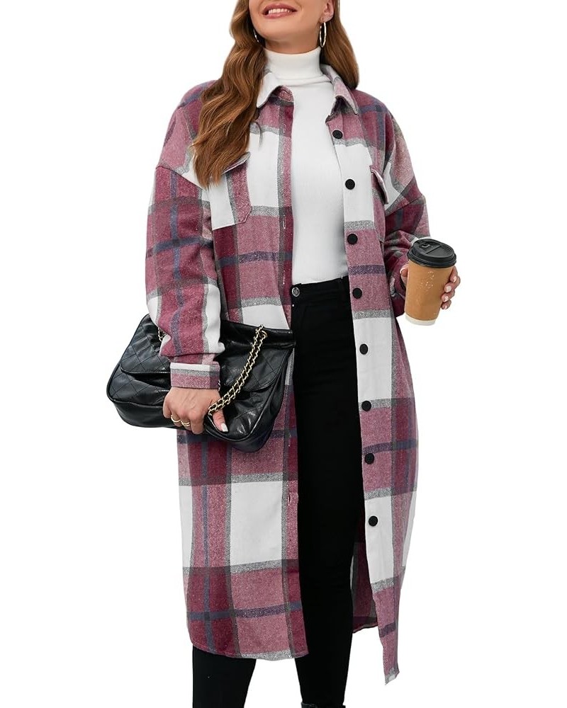 2023 Women's 0X-5X Plus Size Long Flannel Plaid Shacket Jacket Oversized Button Down Coats Shirts with Pockets Burgundy $18.8...