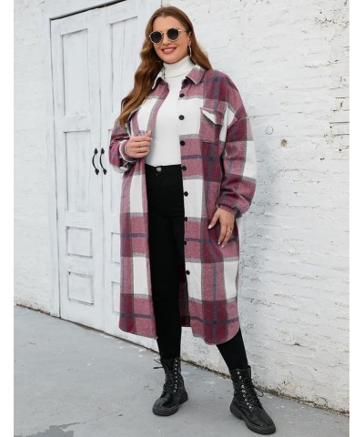 2023 Women's 0X-5X Plus Size Long Flannel Plaid Shacket Jacket Oversized Button Down Coats Shirts with Pockets Burgundy $18.8...