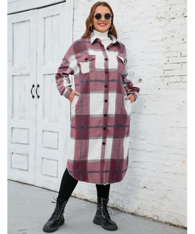 2023 Women's 0X-5X Plus Size Long Flannel Plaid Shacket Jacket Oversized Button Down Coats Shirts with Pockets Burgundy $18.8...