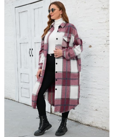 2023 Women's 0X-5X Plus Size Long Flannel Plaid Shacket Jacket Oversized Button Down Coats Shirts with Pockets Burgundy $18.8...