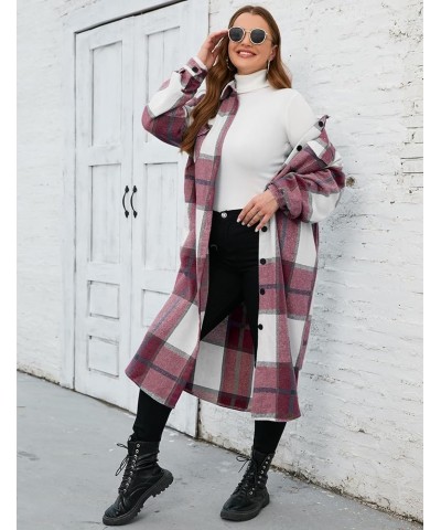 2023 Women's 0X-5X Plus Size Long Flannel Plaid Shacket Jacket Oversized Button Down Coats Shirts with Pockets Burgundy $18.8...