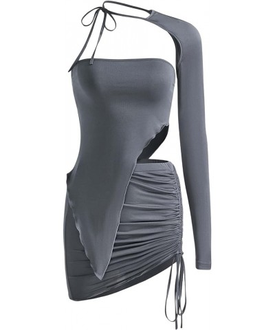 Women's 3 Piece Outfit Y2K Tube One Shoulder Top Shrug and Drawstring Ruched Bodycon Mini Skirt Sets Dark Grey $16.34 Suits