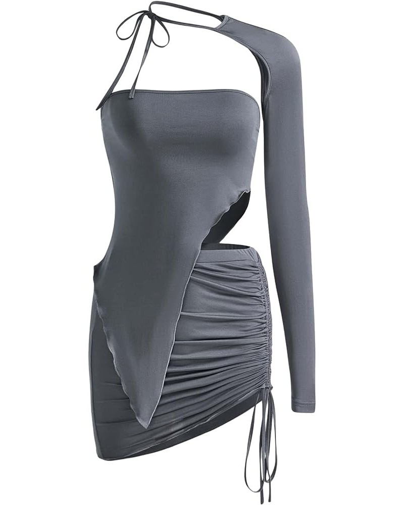 Women's 3 Piece Outfit Y2K Tube One Shoulder Top Shrug and Drawstring Ruched Bodycon Mini Skirt Sets Dark Grey $16.34 Suits