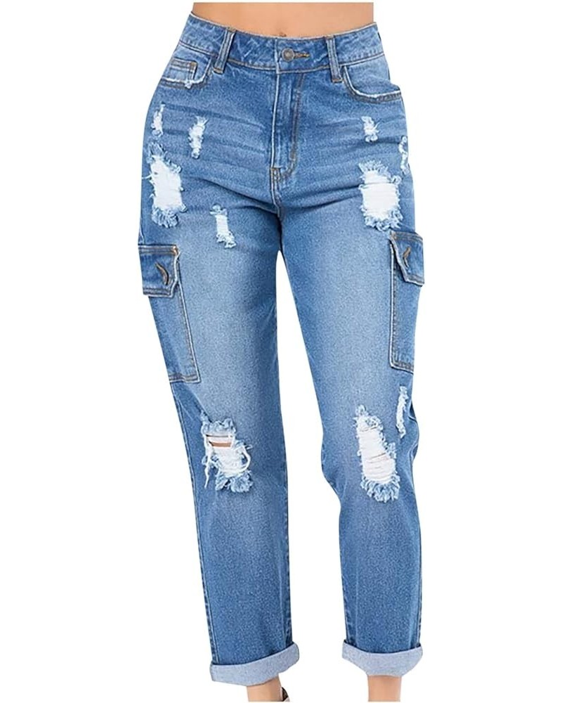 Womens Dressy Casual Bootcut Jeans Folded Hem Ripped Jeans with Multiple Pockets Distressed Jeans Y2K Denim Pants 02 Dark Blu...