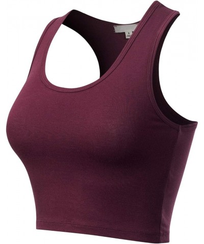 Women's Cotton Basic Sleeveless Racerback Sports Crop Tank Top Dark Burgundy $9.51 Activewear