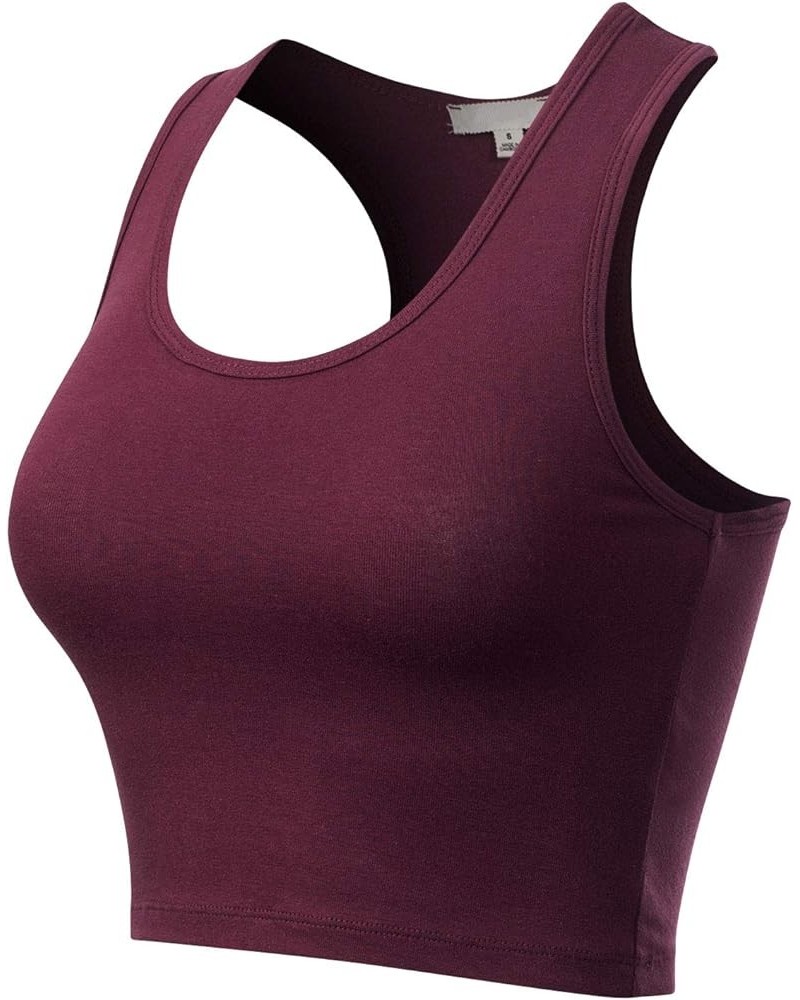 Women's Cotton Basic Sleeveless Racerback Sports Crop Tank Top Dark Burgundy $9.51 Activewear