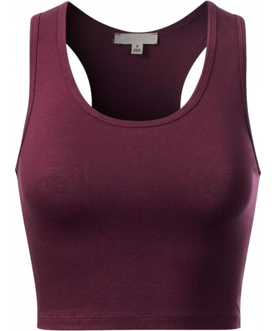 Women's Cotton Basic Sleeveless Racerback Sports Crop Tank Top Dark Burgundy $9.51 Activewear