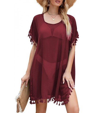 Women's Sexy Sheer Swimsuit Cover Up Chiffon Bathing Suit Cover-up Tassel Bikini Beach Cover Up Dress for Summer Wine Red $10...