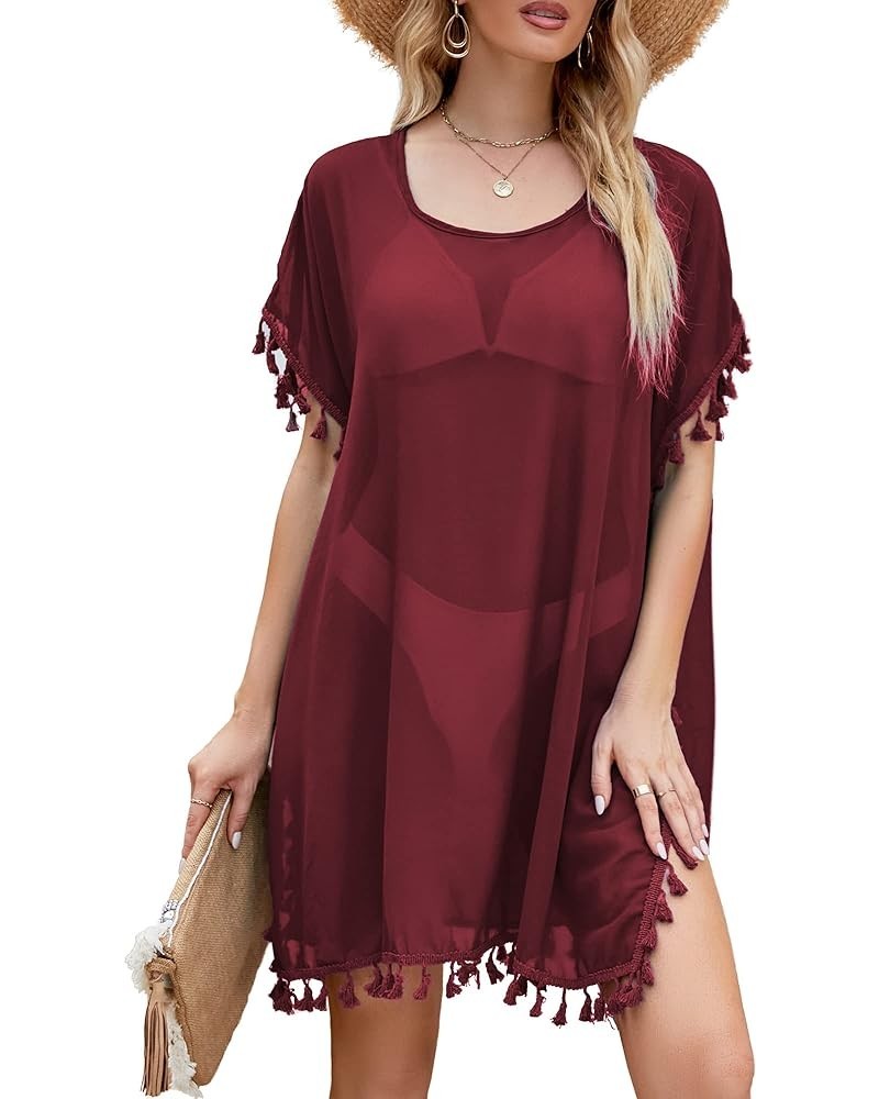 Women's Sexy Sheer Swimsuit Cover Up Chiffon Bathing Suit Cover-up Tassel Bikini Beach Cover Up Dress for Summer Wine Red $10...