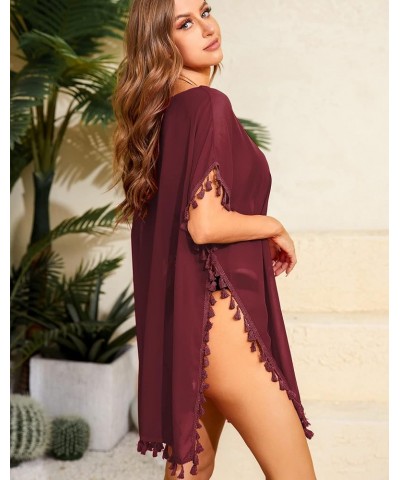 Women's Sexy Sheer Swimsuit Cover Up Chiffon Bathing Suit Cover-up Tassel Bikini Beach Cover Up Dress for Summer Wine Red $10...