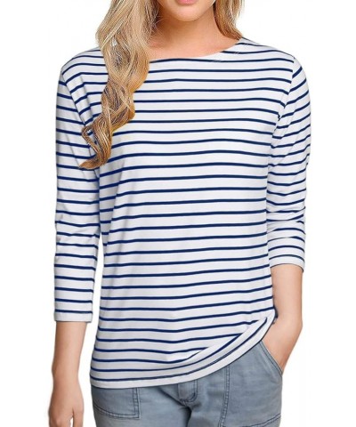 Women's Long Sleeve Striped T-Shirt Tee Shirt Tops Slim Fit Blouses Sl1-3/4 Sleeve-royal Blue Stripe $6.75 T-Shirts