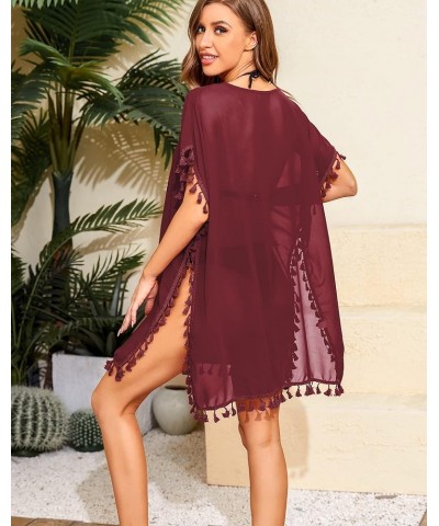 Women's Sexy Sheer Swimsuit Cover Up Chiffon Bathing Suit Cover-up Tassel Bikini Beach Cover Up Dress for Summer Wine Red $10...