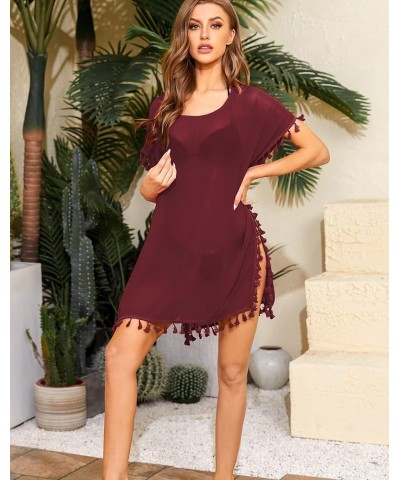 Women's Sexy Sheer Swimsuit Cover Up Chiffon Bathing Suit Cover-up Tassel Bikini Beach Cover Up Dress for Summer Wine Red $10...