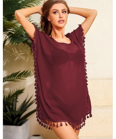 Women's Sexy Sheer Swimsuit Cover Up Chiffon Bathing Suit Cover-up Tassel Bikini Beach Cover Up Dress for Summer Wine Red $10...