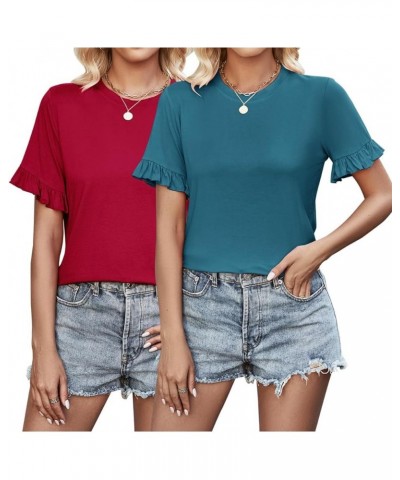 2 Packs Womens Short Sleeve Tops Casual T Shirts Summer Ruffle Soild Round Neck Blouses Loose Fit Basic Tees Wine Red&dark Bl...