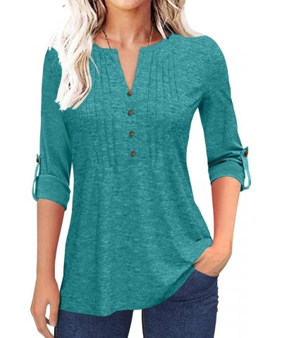 Women's Fashion Long Sleeve T-Shirt Pleated Button V-Neck Solid Color Casual Tunic Top Lake Green $11.25 Tops