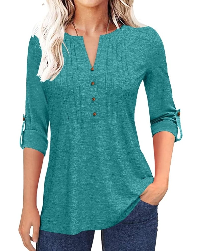 Women's Fashion Long Sleeve T-Shirt Pleated Button V-Neck Solid Color Casual Tunic Top Lake Green $11.25 Tops