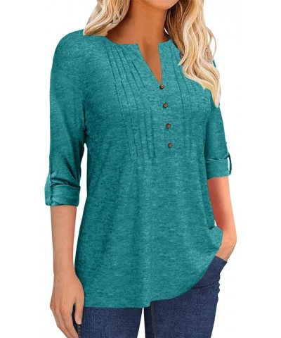 Women's Fashion Long Sleeve T-Shirt Pleated Button V-Neck Solid Color Casual Tunic Top Lake Green $11.25 Tops