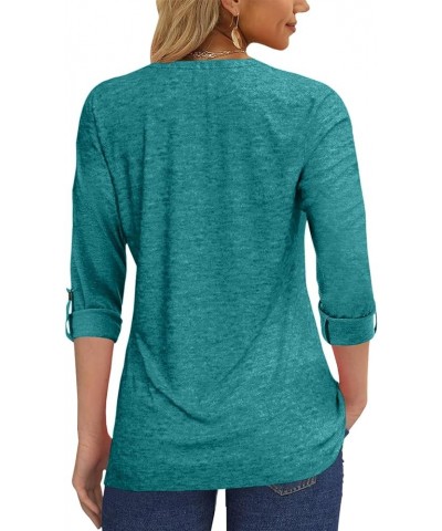 Women's Fashion Long Sleeve T-Shirt Pleated Button V-Neck Solid Color Casual Tunic Top Lake Green $11.25 Tops