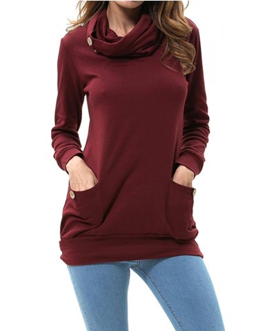 Women Long Sleeve Cowl Neck Button Tunic Top V02 Wine $19.59 Tops