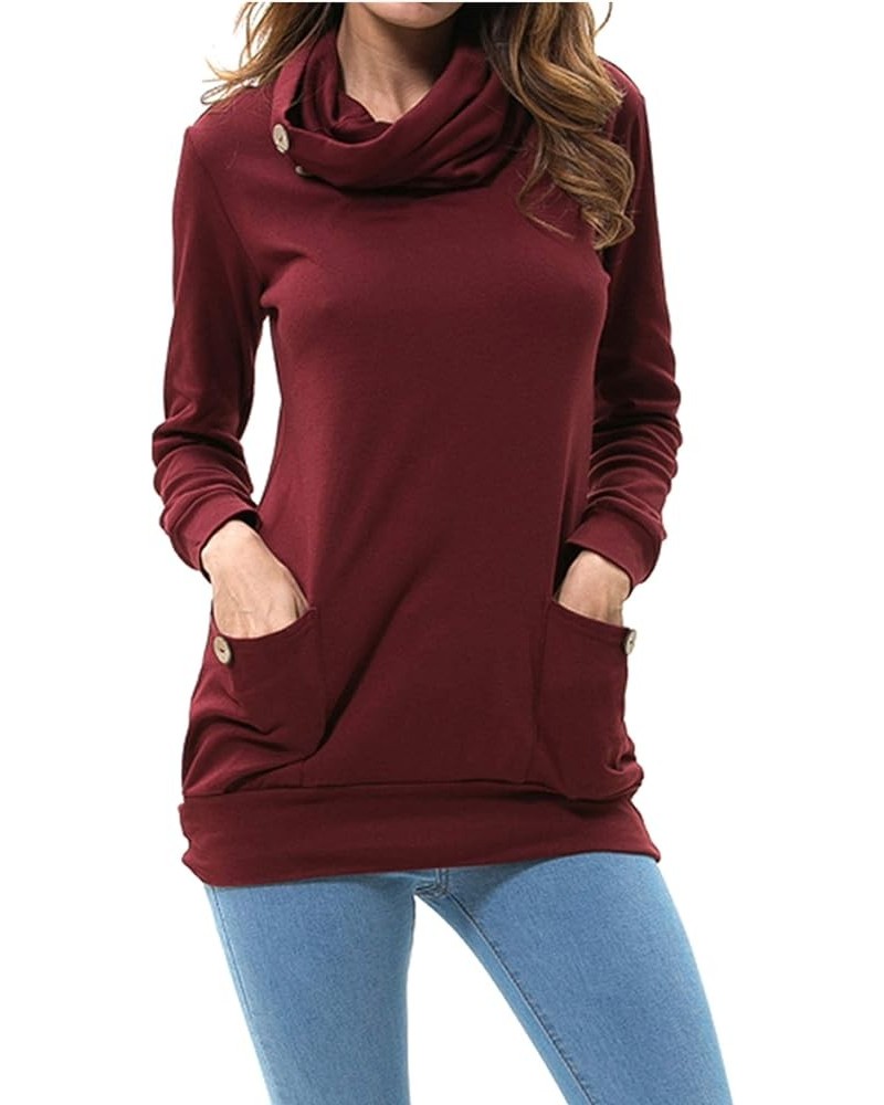 Women Long Sleeve Cowl Neck Button Tunic Top V02 Wine $19.59 Tops