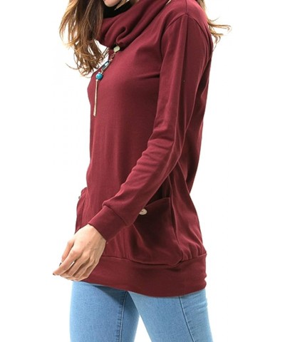 Women Long Sleeve Cowl Neck Button Tunic Top V02 Wine $19.59 Tops