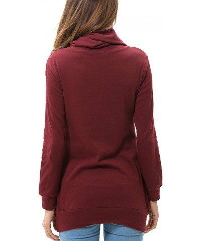 Women Long Sleeve Cowl Neck Button Tunic Top V02 Wine $19.59 Tops