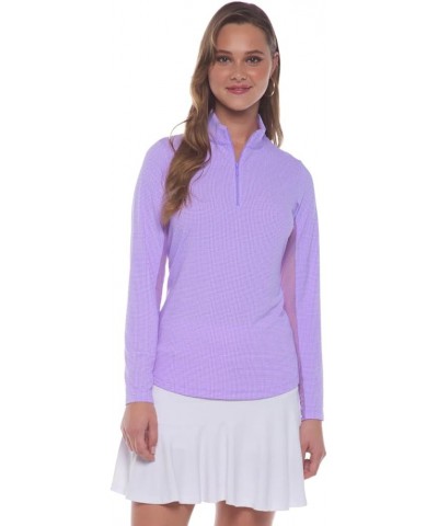 Athleisure Wear Sun Protective UPF 50 Icefil Cooling Mini Check Long Sleeve Mock Neck - 10754 Color: Lavender/White - Print: ...