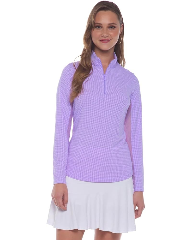 Athleisure Wear Sun Protective UPF 50 Icefil Cooling Mini Check Long Sleeve Mock Neck - 10754 Color: Lavender/White - Print: ...