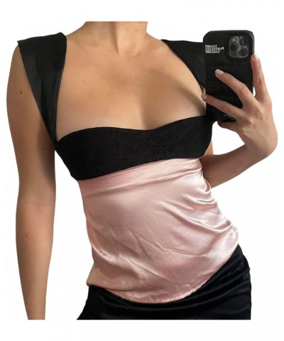 Women 's Sexy Strapless Tube Top Sleeveless Solid Color Bandage Crop Tank Tops Off Shoulder Cami Satin Patckwork-pink $9.29 T...