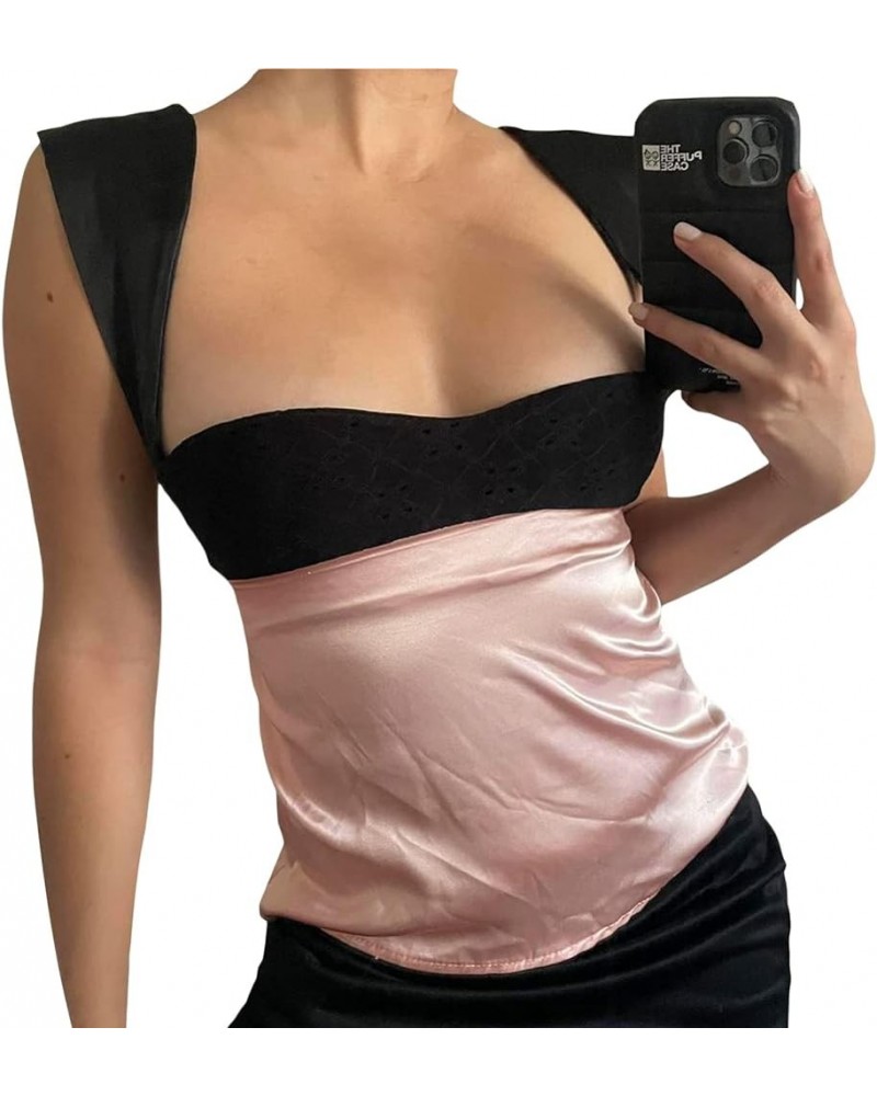 Women 's Sexy Strapless Tube Top Sleeveless Solid Color Bandage Crop Tank Tops Off Shoulder Cami Satin Patckwork-pink $9.29 T...