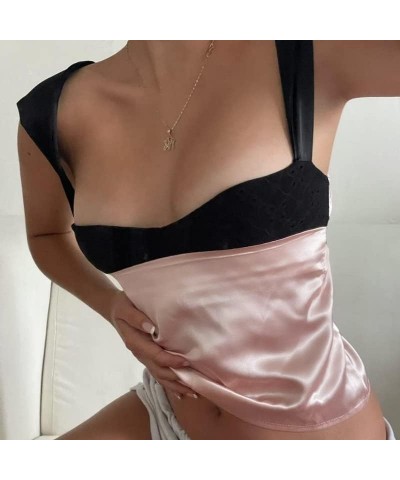 Women 's Sexy Strapless Tube Top Sleeveless Solid Color Bandage Crop Tank Tops Off Shoulder Cami Satin Patckwork-pink $9.29 T...