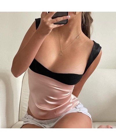 Women 's Sexy Strapless Tube Top Sleeveless Solid Color Bandage Crop Tank Tops Off Shoulder Cami Satin Patckwork-pink $9.29 T...