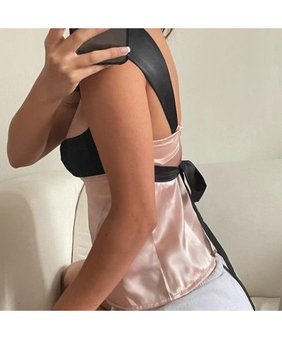 Women 's Sexy Strapless Tube Top Sleeveless Solid Color Bandage Crop Tank Tops Off Shoulder Cami Satin Patckwork-pink $9.29 T...