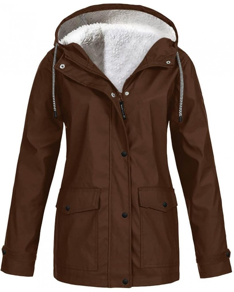 Fleece Lined Raincoat For Women Waterproof With Hood Solid Color Lightweight Outdoor Windbreaker Jacket Outerwear Brown $15.5...