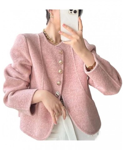 Korean Vintage Tweed Jackets Spring Women Short Coat Outwear Single Breasted Pink $49.92 Coats