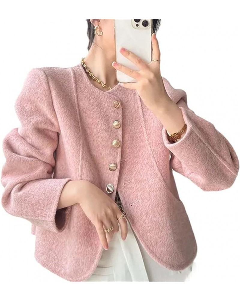 Korean Vintage Tweed Jackets Spring Women Short Coat Outwear Single Breasted Pink $49.92 Coats