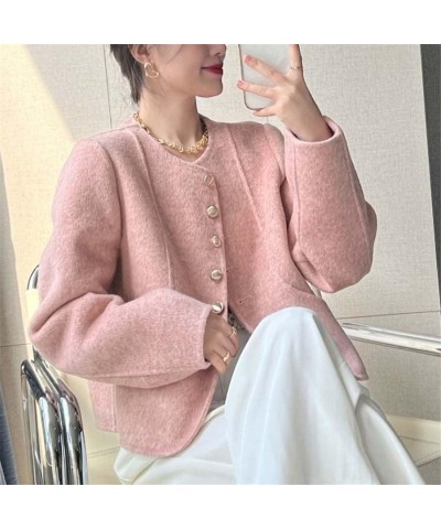 Korean Vintage Tweed Jackets Spring Women Short Coat Outwear Single Breasted Pink $49.92 Coats