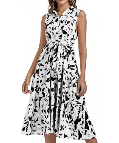 Women's Floral Button Up Collar Tie Waist Tiered Ruffle Sleeveless Midi Dress White $19.35 Dresses