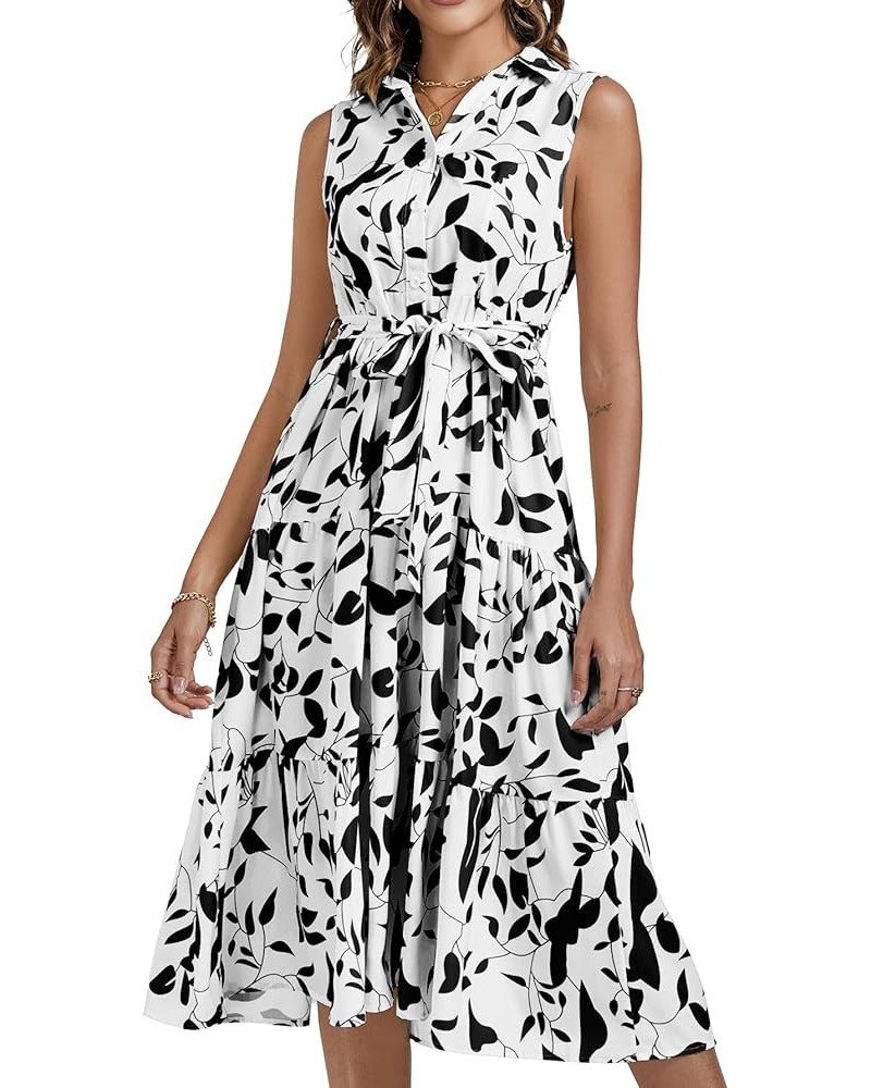 Women's Floral Button Up Collar Tie Waist Tiered Ruffle Sleeveless Midi Dress White $19.35 Dresses